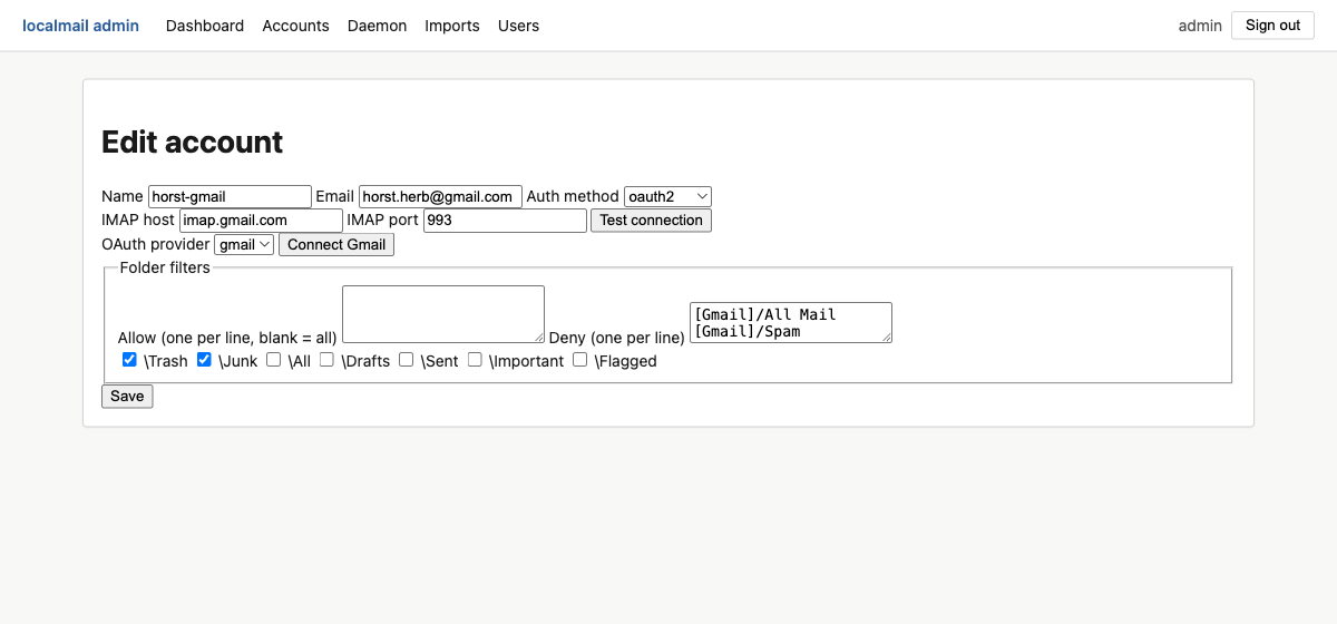 Account editor for a Gmail OAuth2 account with folder filters and deny flags