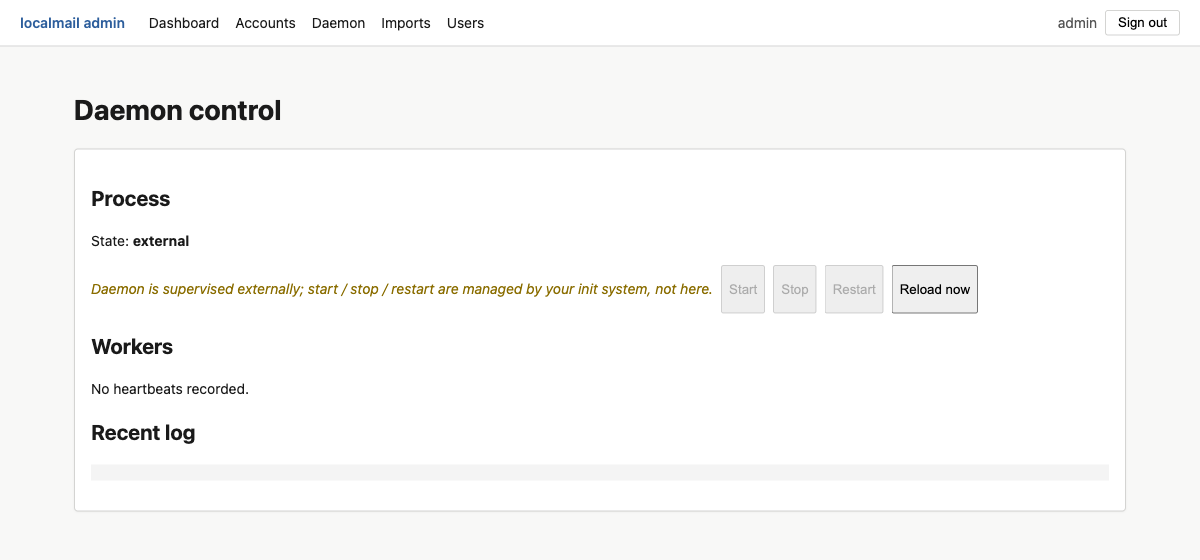 Daemon control panel showing external supervision and a Reload now button